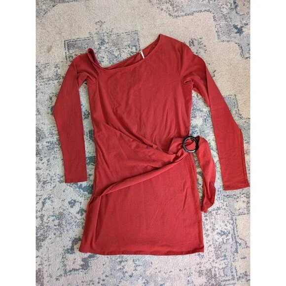 NEW Free People Frankie Asymmetric Dress Long Sleeve Sz Large Burnt Orange NWT - Picture 2 of 10